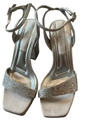 Franco Sarto women’s L-Daffy ankle strap heeled sandals metallic silver w stones thumbnail 4
