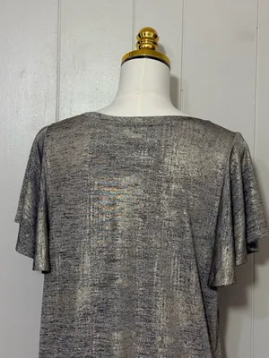 By Anthropologie Shimmer Knit Flutter Sleeve Metallic Top Silver XL thumbnail 9