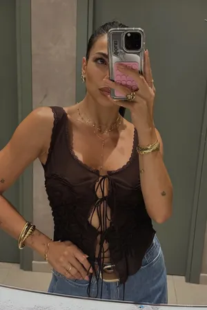 Zara brown Lace-Up Women's Top boho bohemian tied thumbnail 1