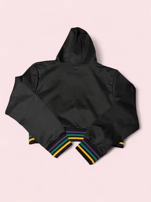 Boutique Black Cropped Mardi Gras Hoodie with Purple Green Gold Accents thumbnail 2
