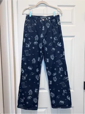 Cali 1850 Western Print Wide Leg Crop Ankle Sark Wash Denim Jeans Size 26/3 thumbnail 6