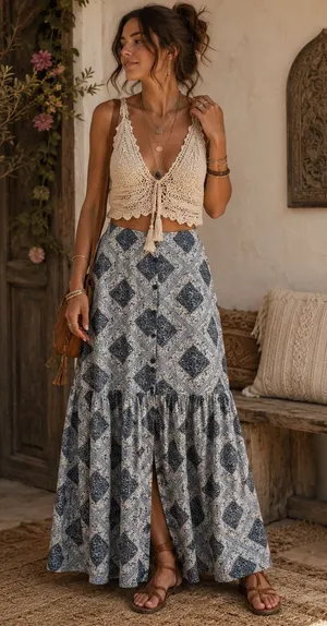 Cato L Maxi Skirt Button Front Tiered Cottagecore Boho Coastal Vacation Cruise thumbnail 1
