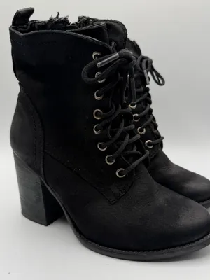 Steve Madden Lauuren Boots Womens 6.5 Black Leather Lace Up Block Heel thumbnail 1
