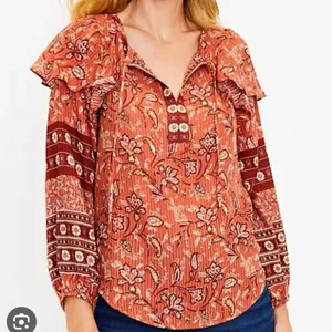 Loft burnt orange floral ruffled shoulder long sleeve blouse thumbnail 1
