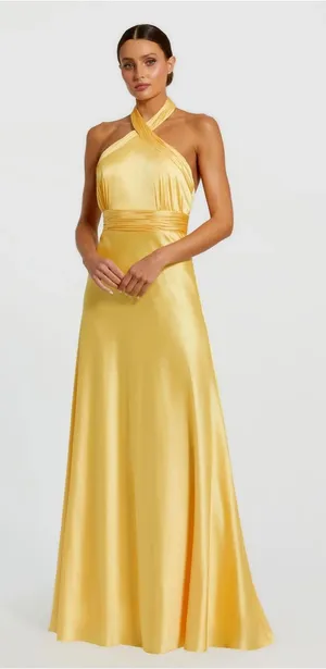 Mac Duggal 49728 Yellow Ruched Halter Neck Tie Back Satin Gown sz 2 NEW thumbnail 1