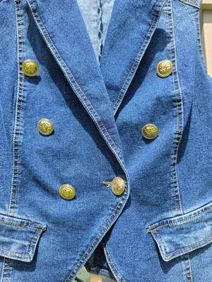 Double-Breasted Denim Vest in Dark Blue with Gold Buttons Small thumbnail 2
