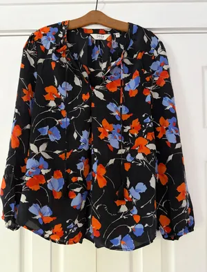 Joie Silk Floral Tassel Tie Blouse Black Orange Blue XL 7718T2858B thumbnail 1