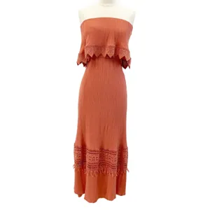 Daytrip Womens XS Strapless Crochet Maxi‎ Dress Rust Orange Gauzy Bohemian Beach thumbnail 2