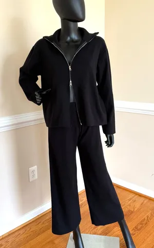 Knit Loose Set Mock Neck Blouse High Waist Flare High Rise Pants Cardigan Winter thumbnail 1
