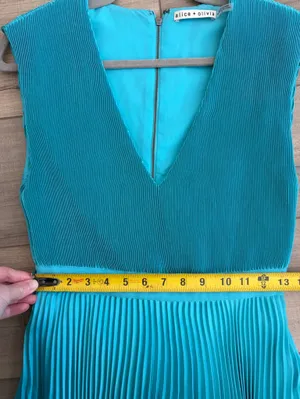 Alice + Olivia Joleen V Neck Pleated Skirt Handkerchief Midi Dress Teal Blue 4 thumbnail 9