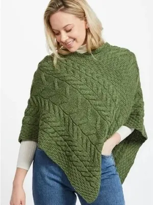 Aran Sweater Market Green Super Soft 100% Merino Wool Cable Knit Poncho thumbnail 1