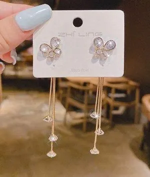 Women's Crystal Butterfly Long Tassel Dangle Drop Earrings thumbnail 1