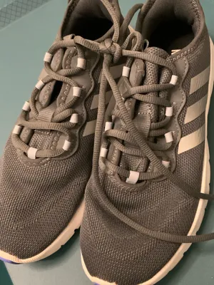 adidas Women’s Gray Knit Athletic Sneakers with White Stripes thumbnail 1