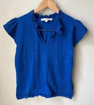 LOFT Electric Blue Ruffle Neck Short Sleeve Sweater Small thumbnail 1