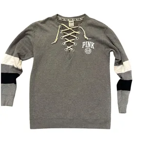 PINK Victoria's Secret Lace Up V Neck Sweatshirt XS Gray Athleisure‎ thumbnail 1