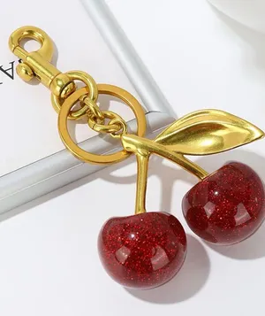Gold Cherry Keychain Bag Charm with Red Glitter Cherries thumbnail 1