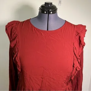 Loft Women's Size Large Wild Currant Ruffle-Sleeve Peplum Top Burnt‎ Red Orange thumbnail 3