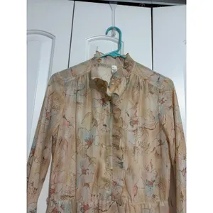 Vintage Midi Dress Cottagecore Floral Peach High Ruffle Neck‎ Button Front 12 thumbnail 5