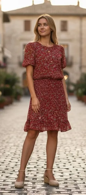 Urban Outfitters‎ Women's M Red Floral Smocked Mini Dress Short Sleeve Ruffle thumbnail 1