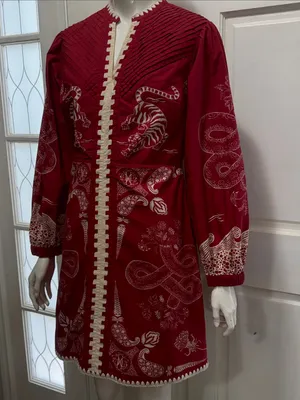 ANNA CATE Jenny Scarlet Embroidered Tiger Long Sleeve Dress 100% Cotton Size S thumbnail 8