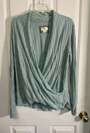 Maeve Sage Green Ribbed Wrap-Front Long Sleeve Top thumbnail 1