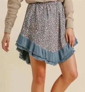 Umgee Leopard Print Mini Skirt Blue Linen Blend Size Large thumbnail 1