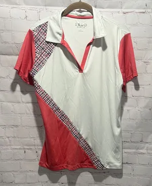 Izod Women's Coral and White Short Sleeve Golf Polo with Diagonal Print Size‎ L thumbnail 1