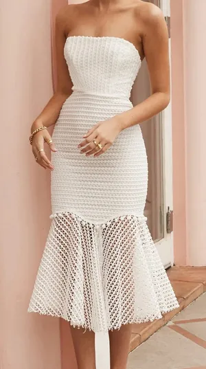 Hello Molly White Strapless Crochet Mermaid Midi Dress thumbnail 1