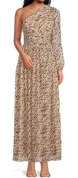 GIANNI BINI Leopard Print Maxi Dress One‎ Shoulder Long Sleeve Party Size 6 New thumbnail 1