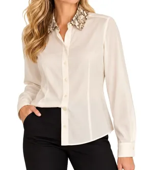 Elie Tahari Top Womens Size L White Button Front Snakeskin Print Collar NWT thumbnail 1