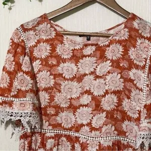 Love Culture Blouse Orange White Floral Laced Trim Size Large thumbnail 3