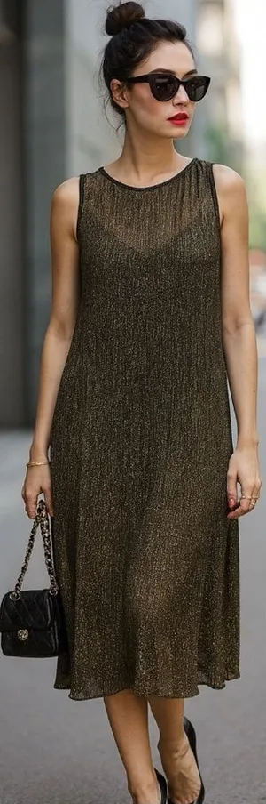 303 MANGO Suit | NWOT Turkey Metallic Gold Shimmer Sleeveless Midi Dress (Sz M) thumbnail 1