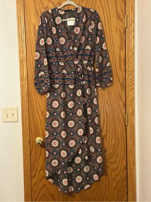 Fraiche by J Nadia Faux Wrap Boho Printed Long Sleeve Midi Dress - NWT - Size S thumbnail 3