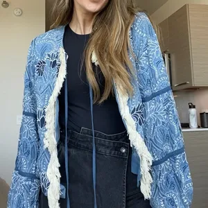Zara Blue floral embroidered jacket with crochet lace trim thumbnail 3