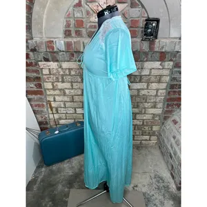 nightgown satin aqua lace V neck long thumbnail 4