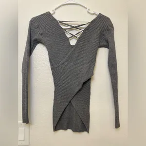 Guess Women’s Gray Ribbed V-Neck‎ Long Sleeve Open Back Top Size M thumbnail 3