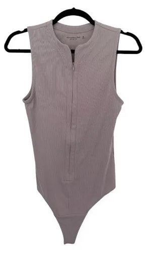Abercrombie & Fitch Soft A&F Rib Gray Bodysuit Zip Deep Plunge Neck Medium thumbnail 1