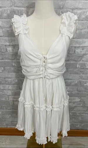 Mustard Seed White Ruffle Tie-Front Tiered Mini Dress thumbnail 1