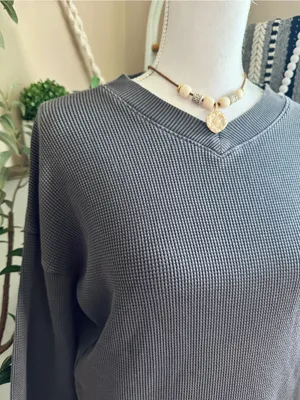 Madewell Gray Boxy Waffle Knit V-Neck Boxy Sweatshirt Tee Small thumbnail 3