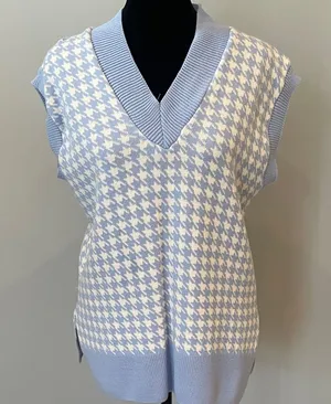 Light Blue & White Houndstooth V-Neck Sweater Vest oversized small like new thumbnail 1