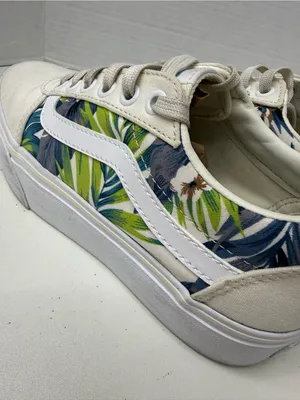 Vans Low Top Canvas Sneakers - White with Green Blue Floral size 6.5 thumbnail 4