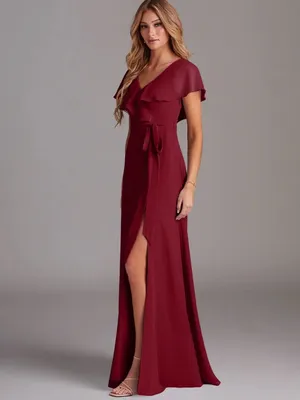 Azazie Burgundy Ruffle Wrap Maxi Dress with Side Slit thumbnail 3