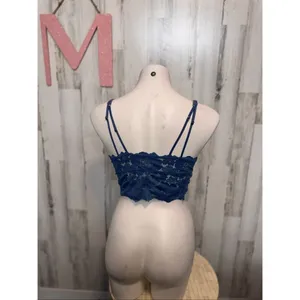 Blue Ribbed Lace Back Bralette Crop Top Medium Blue thumbnail 6
