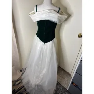 Vintage 80s Prom Dress | Emerald Green Velvet & White Tulle Ball Gown | flaws thumbnail 6
