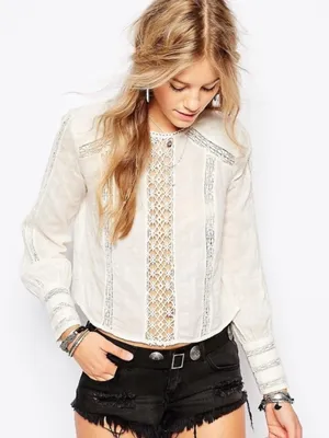 Free People Without You Lace Crochet Panel Ivory Peasant Blouse XS $148 thumbnail 1