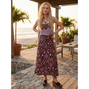 Farm Rio Bohemian Silky Satin Pineapple Ikat A-Line Midi Maxi Skirt Size Large thumbnail 3