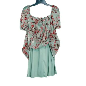 As You Wish Green Floral Chiffon Smocked Asymmetrical Dress LARGE Cottage Flowy‎ thumbnail 6