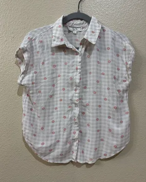 Hippie Rose Plaid Gingham Button Down Top with Red Floral Print - Size S thumbnail 1