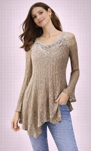 Scully Beige Lace Crochet Knit Asymmetrical Hem Forrest‎ Fairy Grunge Tunic Top thumbnail 1
