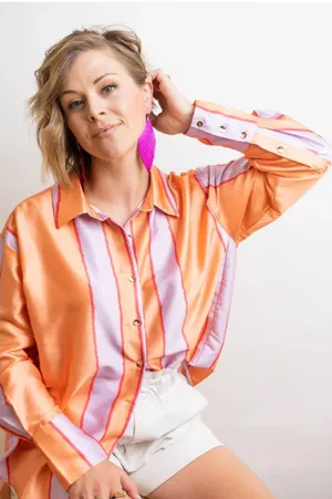 Entro Button Up Satin Striped Peach and Purple thumbnail 1